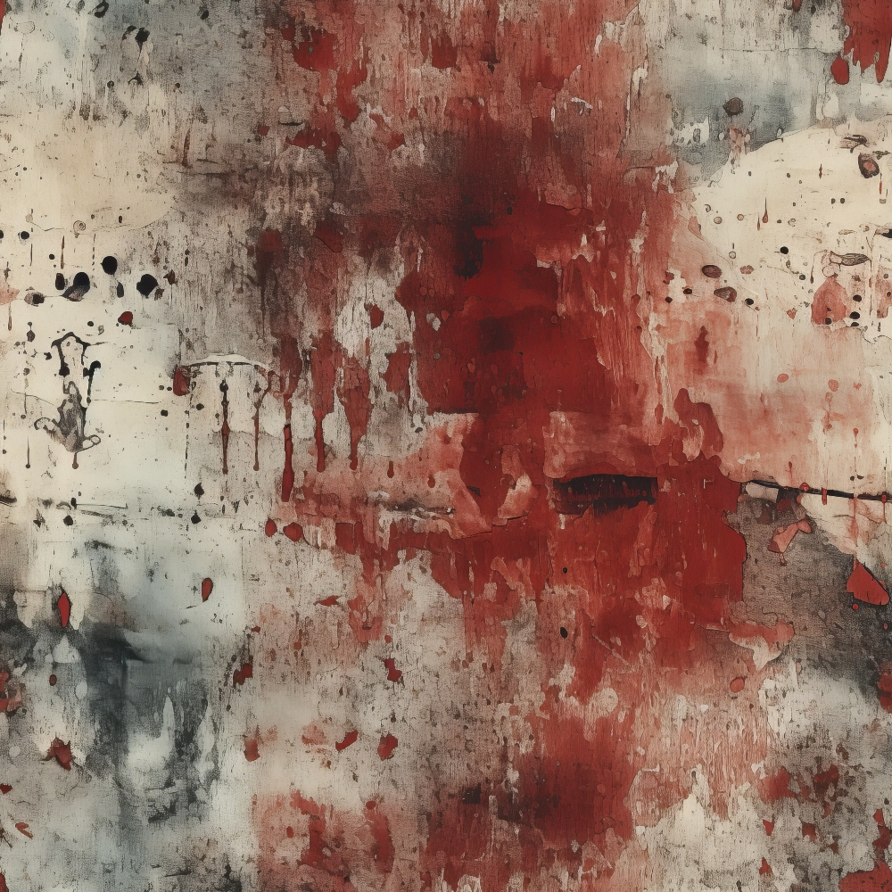 Abstract painting with red, black, and white splashes and drips, creating a textured, chaotic appearance.