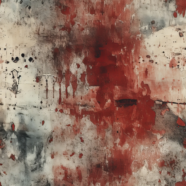 Abstract painting with red, black, and white splashes and drips, creating a textured, chaotic appearance.