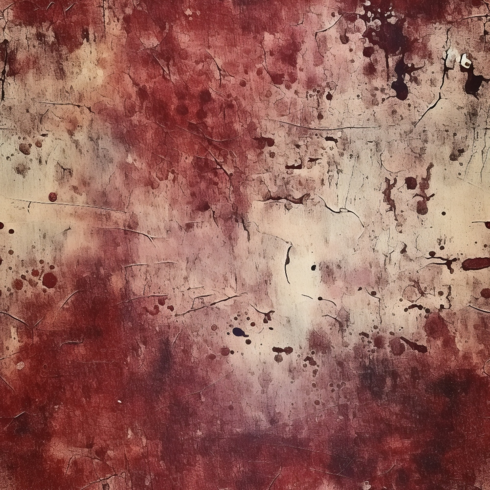 Abstract painting with red, beige, and black splatters and streaks, creating a textured and chaotic visual effect.