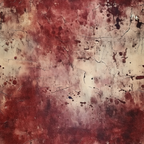 Abstract painting with red, beige, and black splatters and streaks, creating a textured and chaotic visual effect.
