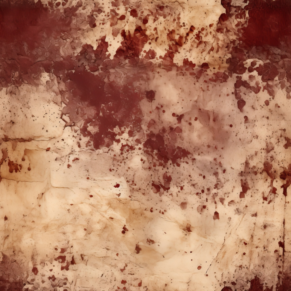 Abstract artwork with dark red and brown splatters and stains on a textured beige background.
