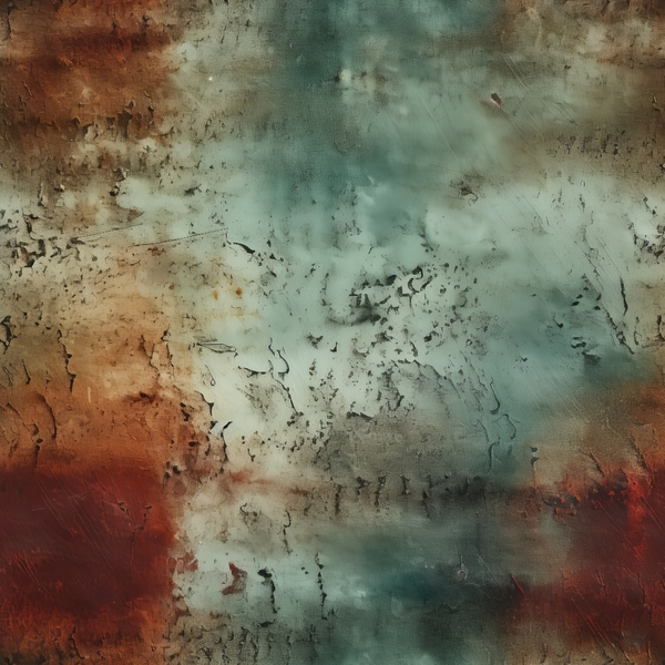 Abstract painting with textured horizontal bands of red, brown, teal, and white, featuring crackling and swirling patterns throughout.