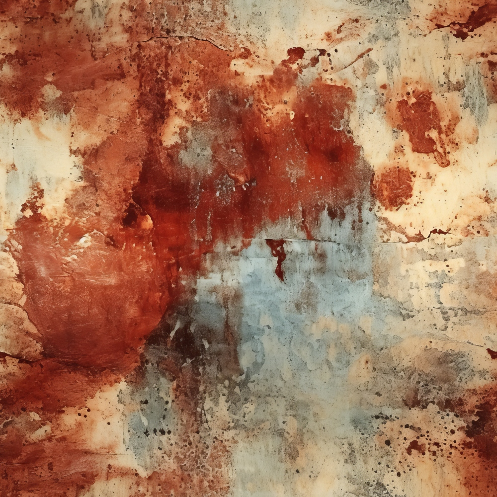 Abstract painting with textured red, brown, and blue tones blending across the canvas, resembling a rugged landscape or weathered surface.