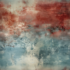 Abstract artwork with mixed red, blue, and white hues, featuring textured brushstrokes and a blurred blend of colors.