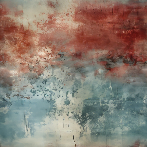 Abstract artwork with mixed red, blue, and white hues, featuring textured brushstrokes and a blurred blend of colors.