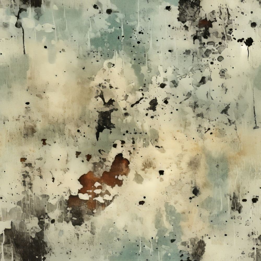 Abstract painting with splatters and patches of black, brown, white, and blue-gray. The texture appears rough and layered, with drips and irregular shapes scattered across the canvas.