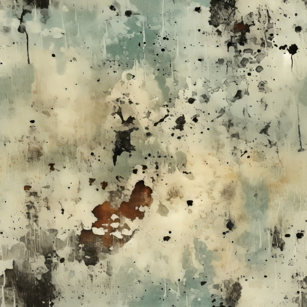 Abstract painting with splatters and patches of black, brown, white, and blue-gray. The texture appears rough and layered, with drips and irregular shapes scattered across the canvas.