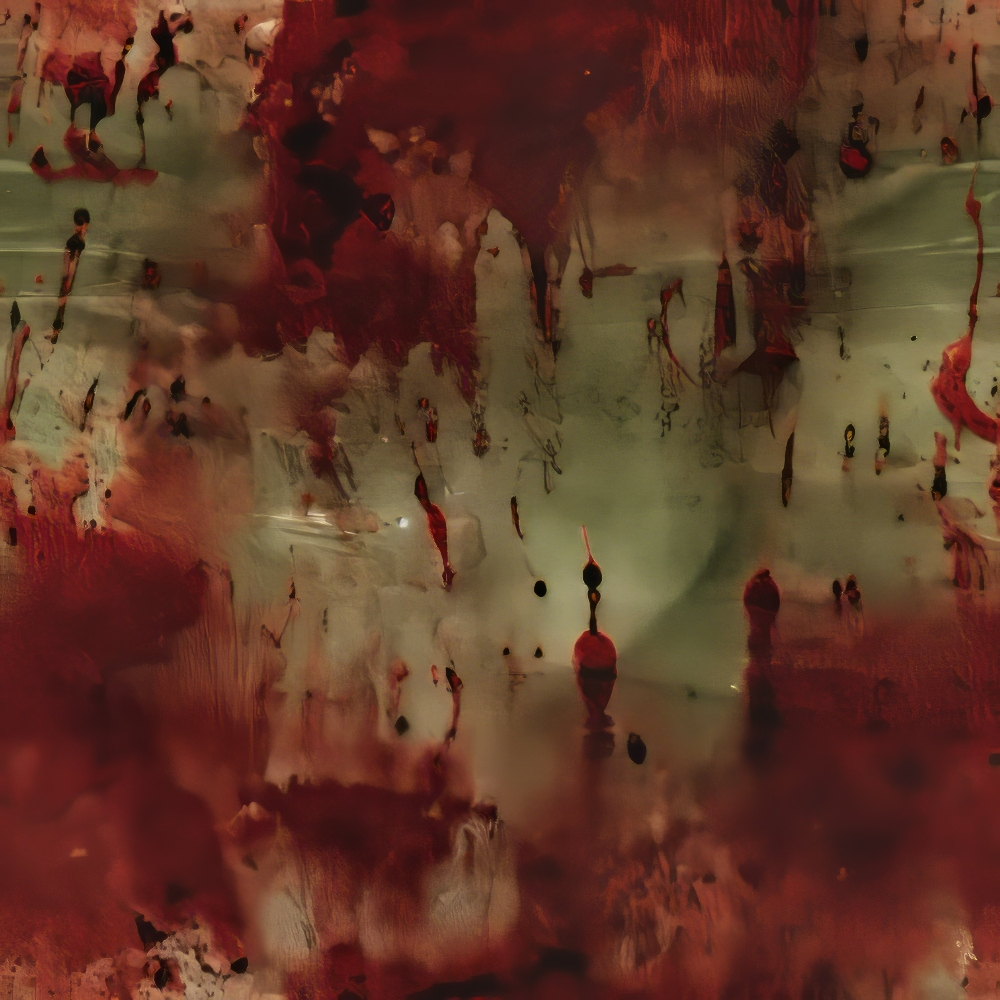 Abstract image with dark red and greenish hues. The composition features chaotic, swirling patterns and textures, creating a sense of depth and movement.