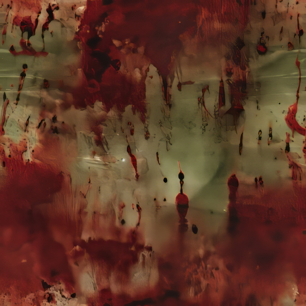 Abstract image with dark red and greenish hues. The composition features chaotic, swirling patterns and textures, creating a sense of depth and movement.