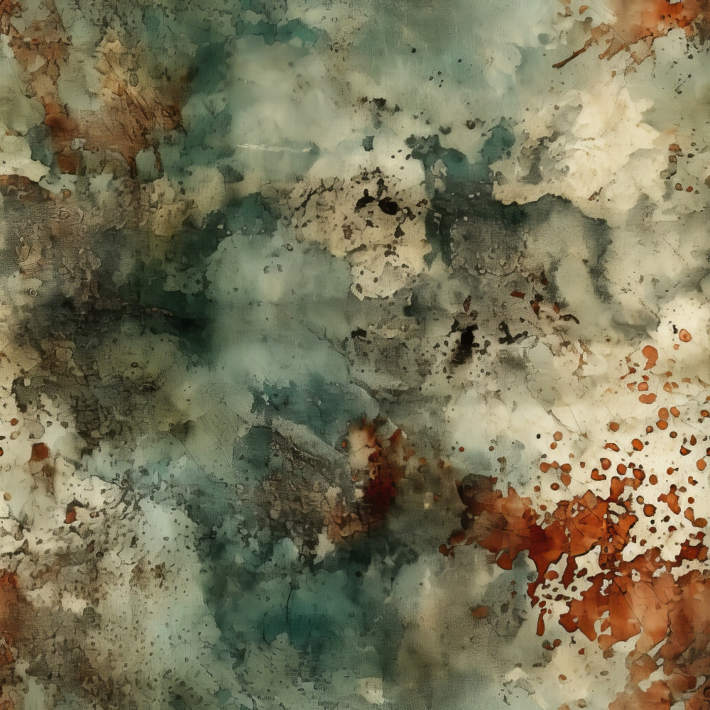 Abstract artwork with swirling patterns in green, brown, and cream tones, featuring splashes and textures resembling watercolor or ink.