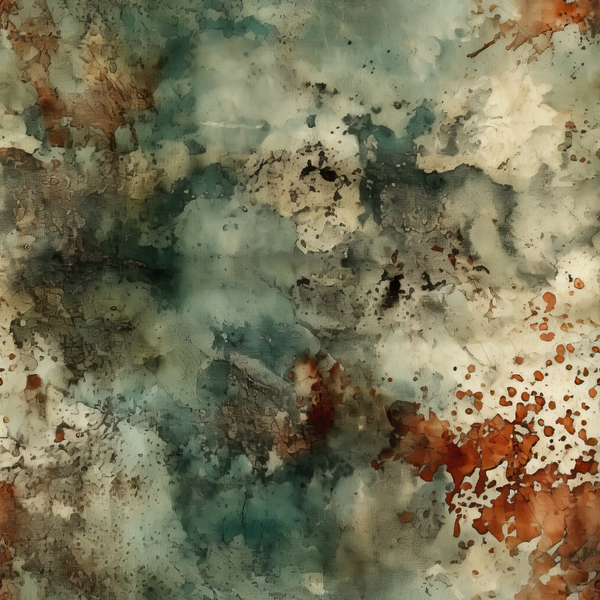 Abstract artwork with swirling patterns in green, brown, and cream tones, featuring splashes and textures resembling watercolor or ink.