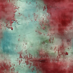 Abstract painting with textured red and green brush strokes. The colors blend and overlap, creating an uneven surface with a weathered appearance.