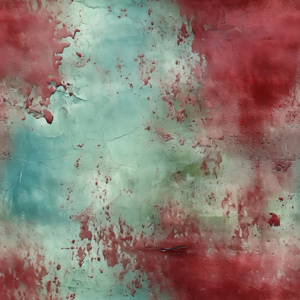 Abstract painting with textured red and green brush strokes. The colors blend and overlap, creating an uneven surface with a weathered appearance.