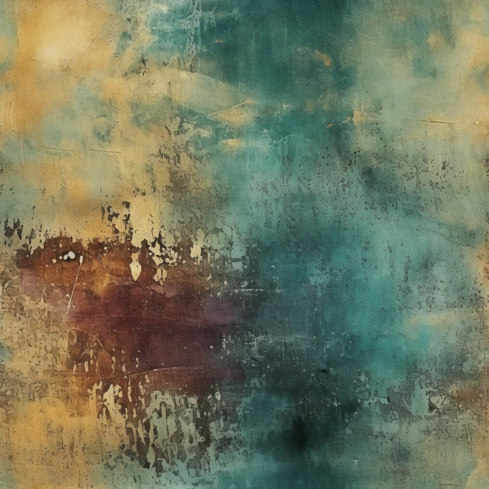 Abstract painting with textured patterns in teal, beige, and maroon. The artwork features a blend of colors with a distressed effect, evoking a sense of depth and movement.