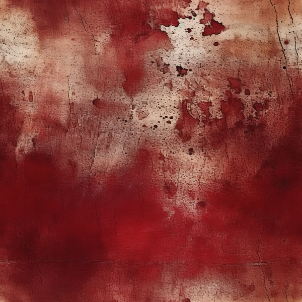 A textured wall with abstract red and white paint splatters, featuring cracks and rough patches.