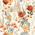 Floral pattern with illustrated red, yellow, and blue flowers interspersed with green leaves and stems on a beige background.