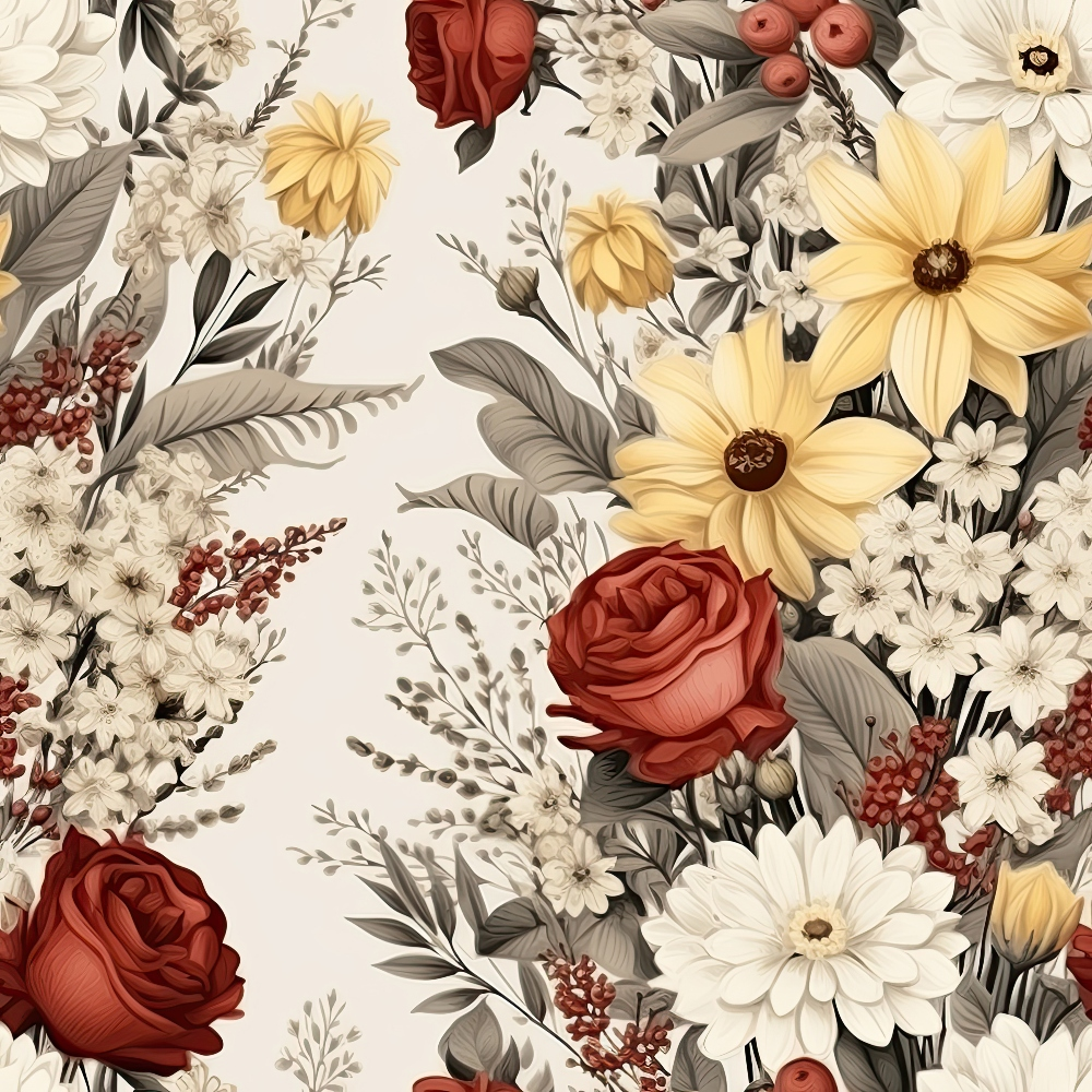 A floral pattern featuring red roses, yellow flowers, white blossoms, and green leaves on a light background.