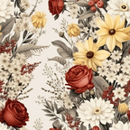 A floral pattern featuring red roses, yellow flowers, white blossoms, and green leaves on a light background.