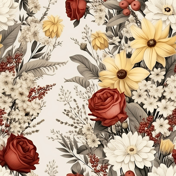 A floral pattern featuring red roses, yellow flowers, white blossoms, and green leaves on a light background.