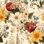 Floral pattern with red roses, yellow sunflowers, white daisies, and assorted small flowers and leaves on a light background.