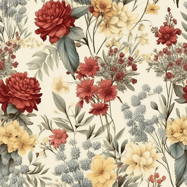 Floral pattern with red, yellow, and cream flowers, and green leaves, on a light background.