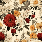 Patterned design featuring red, yellow, and white flowers with green leaves on a cream background.