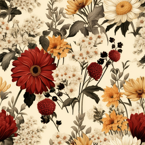 Patterned design featuring red, yellow, and white flowers with green leaves on a cream background.