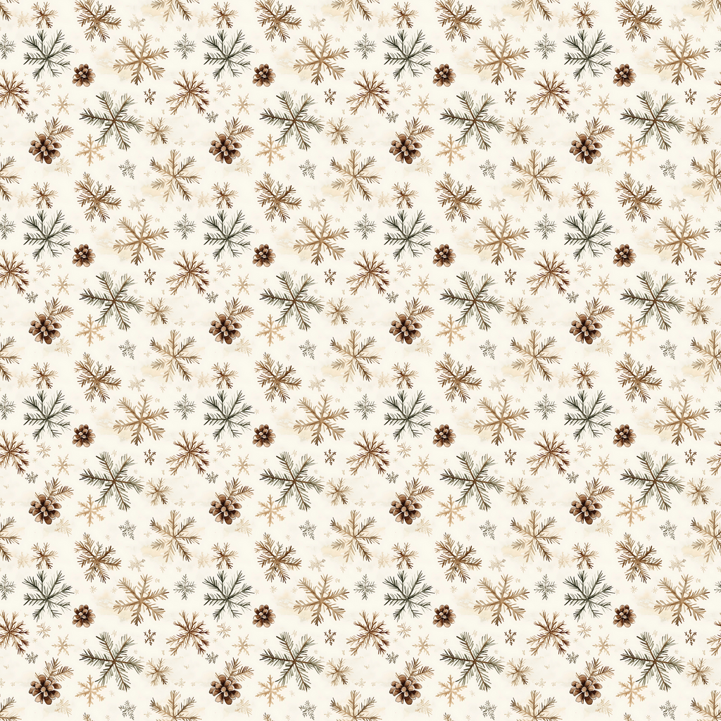 Pattern of brown and black pinecones, branches, and snowflakes on a cream background.