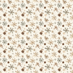 Pattern of brown and black pinecones, branches, and snowflakes on a cream background.