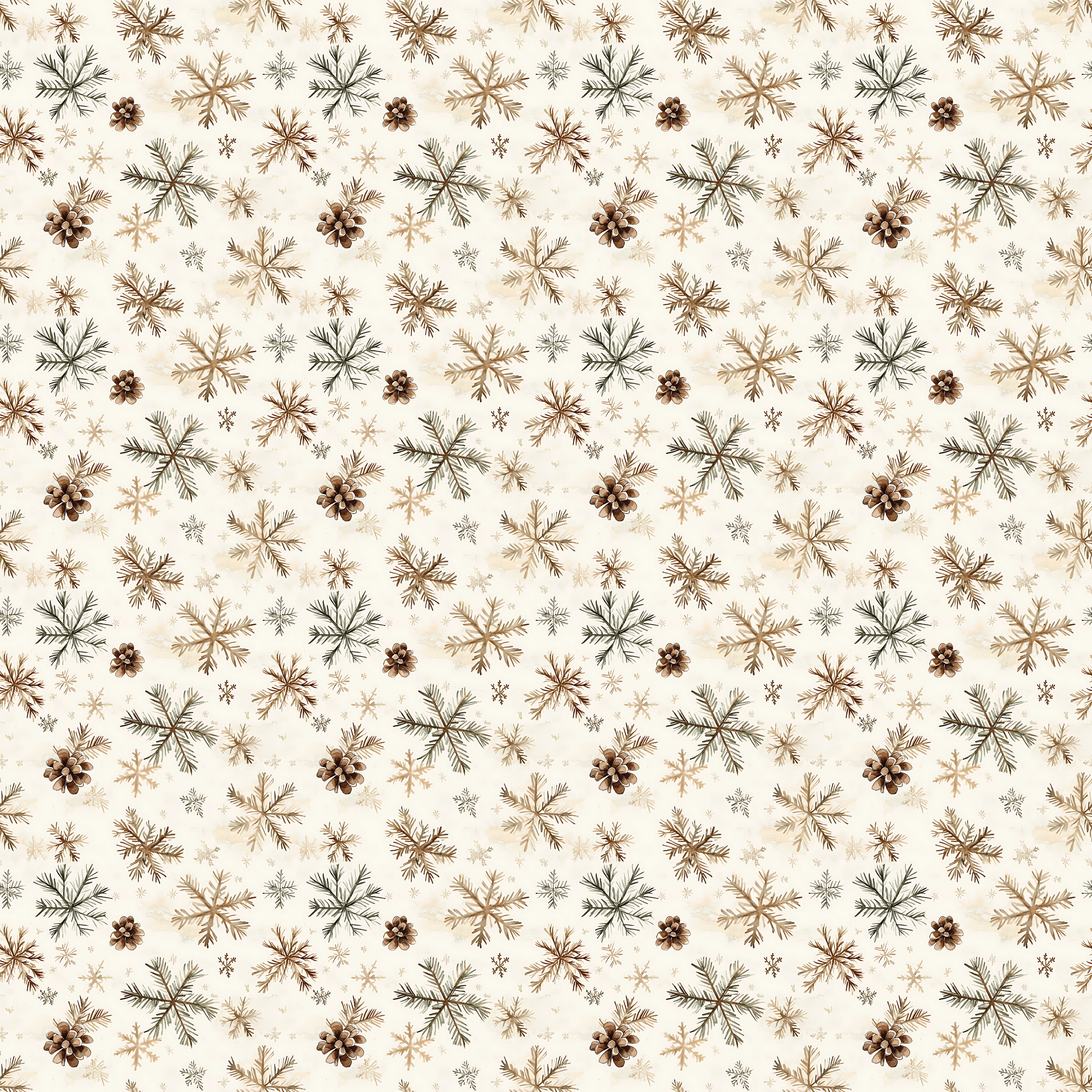Pattern of brown and black pinecones, branches, and snowflakes on a cream background.