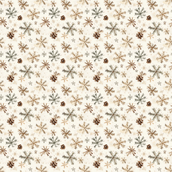 Pattern of brown and black pinecones, branches, and snowflakes on a cream background.