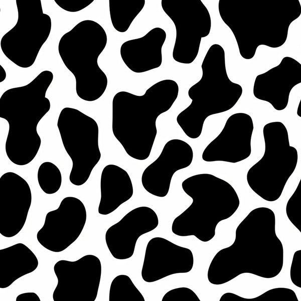 Black and white cow print pattern resembling irregular spots on a white background.