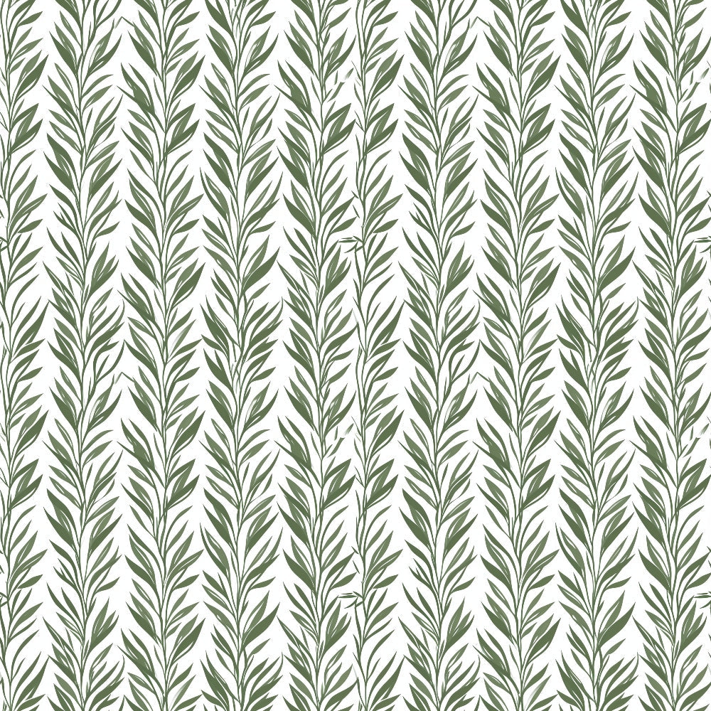 Pattern of vertical olive green leafy branches on a white background.