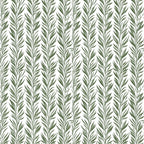 Pattern of vertical olive green leafy branches on a white background.