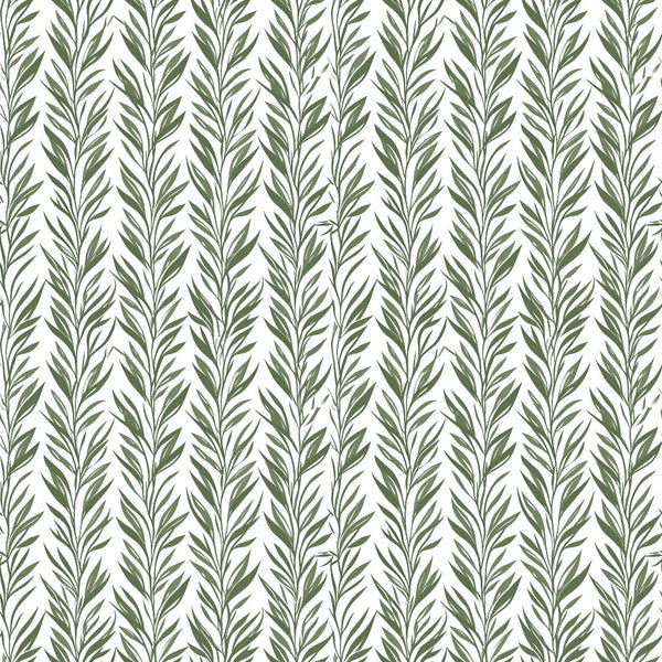 Pattern of vertical olive green leafy branches on a white background.