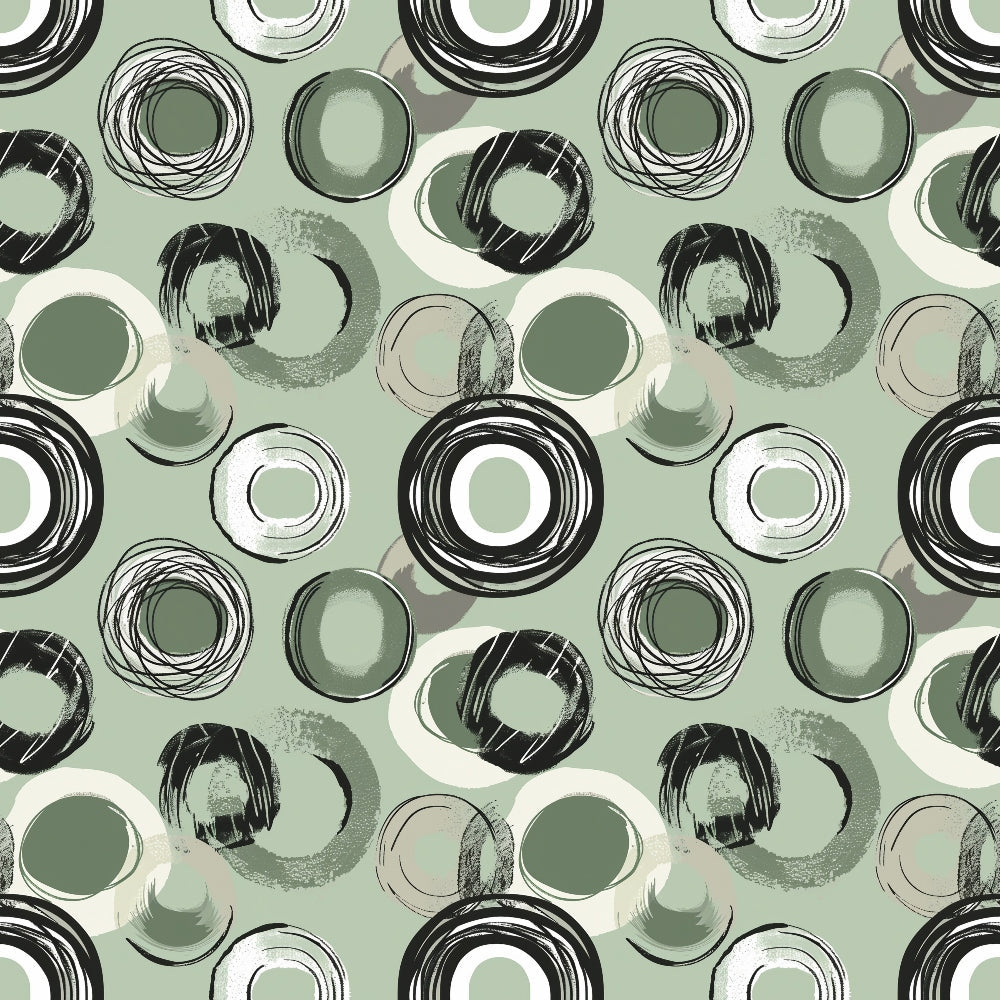 Abstract pattern with overlapping circles in black, white, and green on a light green background.