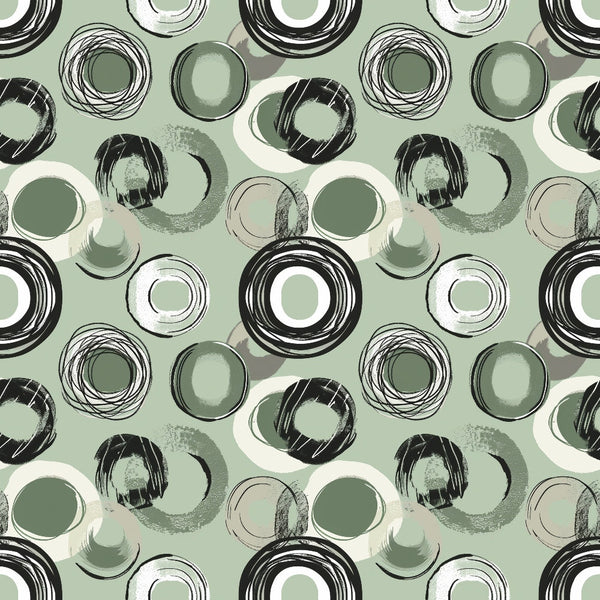 Abstract pattern with overlapping circles in black, white, and green on a light green background.