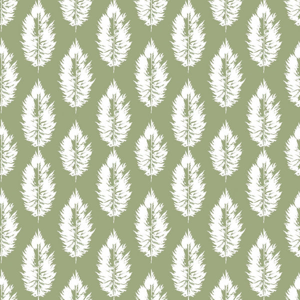 Pattern of white feather silhouettes on a green background, evenly spaced in vertical rows.