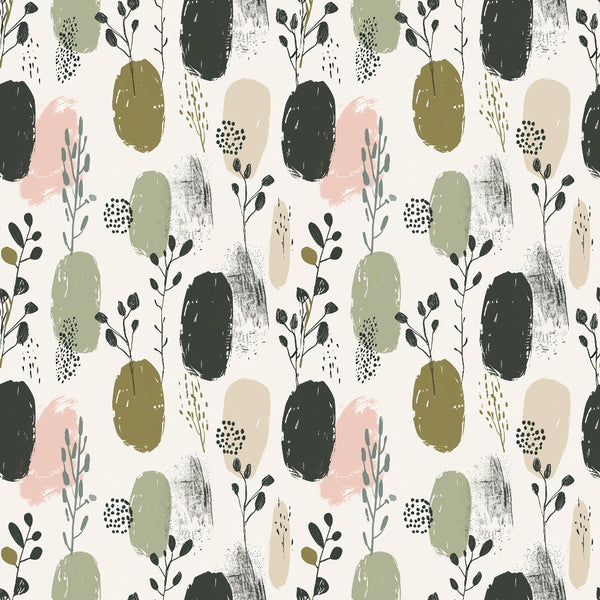Abstract pattern with green, pink, and black brushstrokes and leafy botanical elements on a light background.