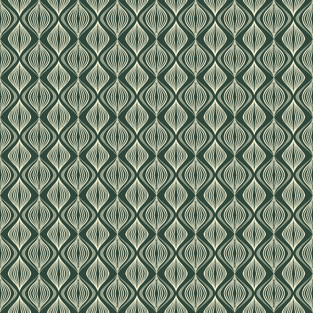 A geometric pattern with interlocking, wavy teal and cream lines forming a seamless, repetitive design.