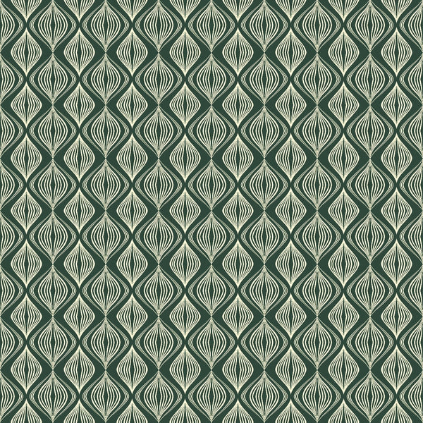 A geometric pattern with interlocking, wavy teal and cream lines forming a seamless, repetitive design.