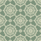 Seamless pattern with intricate cream mandalas on a muted green background.