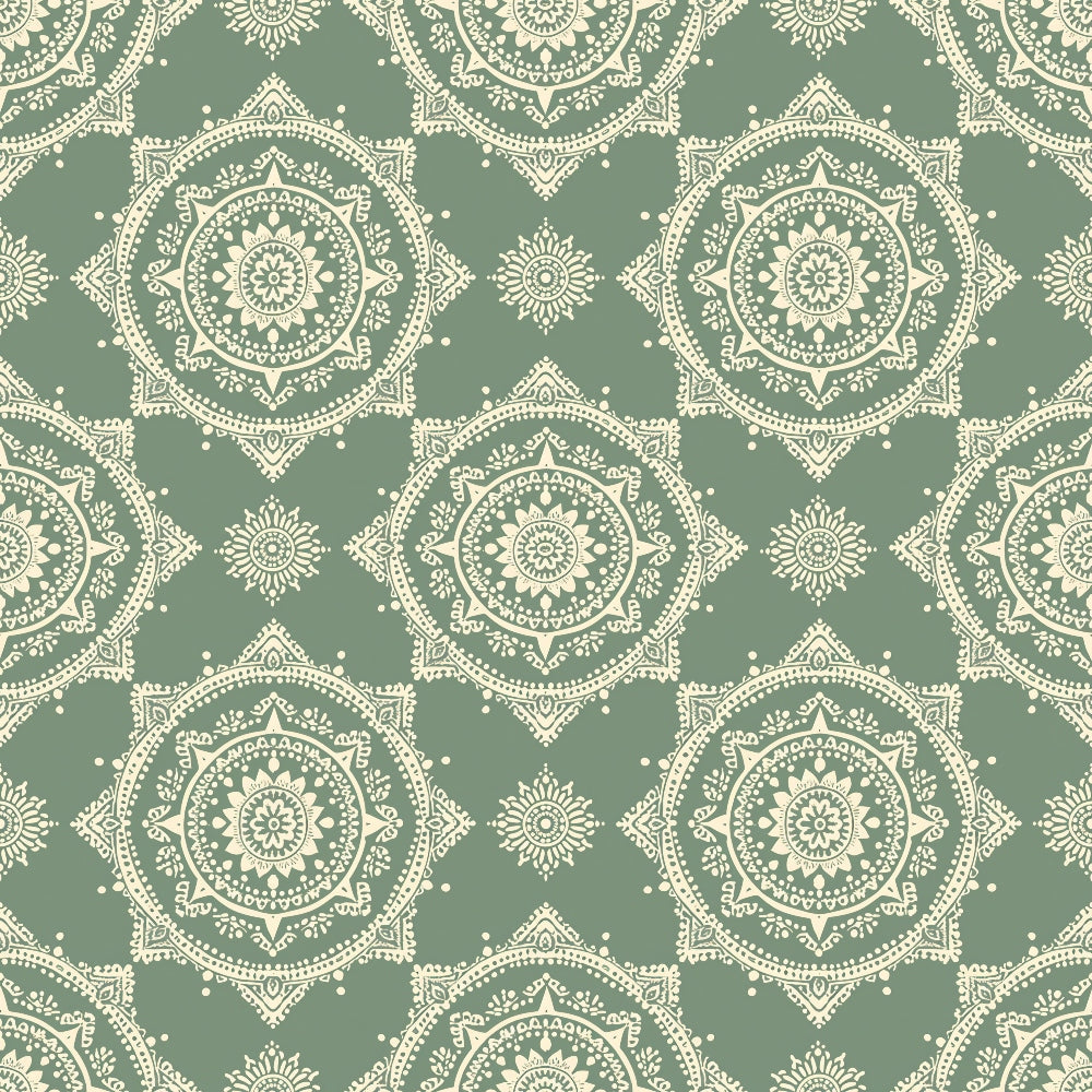 Seamless pattern with intricate cream mandalas on a muted green background.