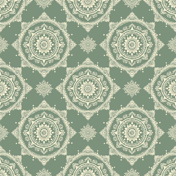 Seamless pattern with intricate cream mandalas on a muted green background.