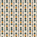 Pattern with vertical rows of alternating dark green and orange circles, interspersed with fern-like leaf designs, on a light background.