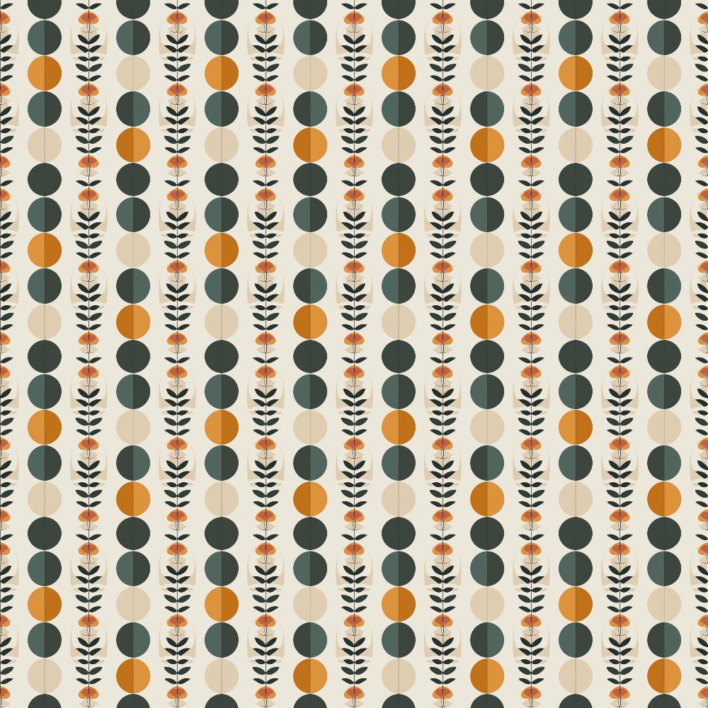 Pattern with vertical rows of alternating dark green and orange circles, interspersed with fern-like leaf designs, on a light background.