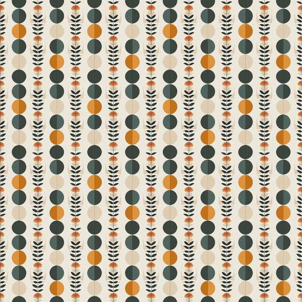 Pattern with vertical rows of alternating dark green and orange circles, interspersed with fern-like leaf designs, on a light background.