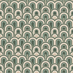 A repeating pattern of semi-circular designs in shades of green and beige, resembling overlapping arches.