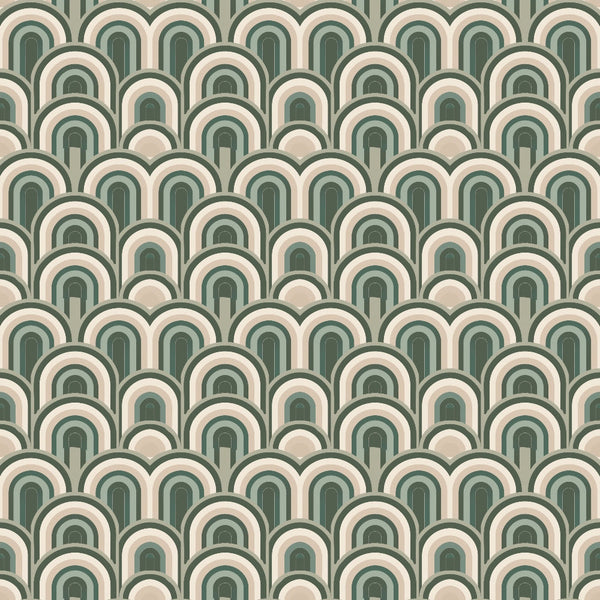 A repeating pattern of semi-circular designs in shades of green and beige, resembling overlapping arches.