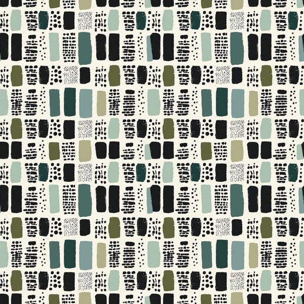 Pattern of rectangles and dots in green, black, and gray on a light background, arranged in a grid-like formation.